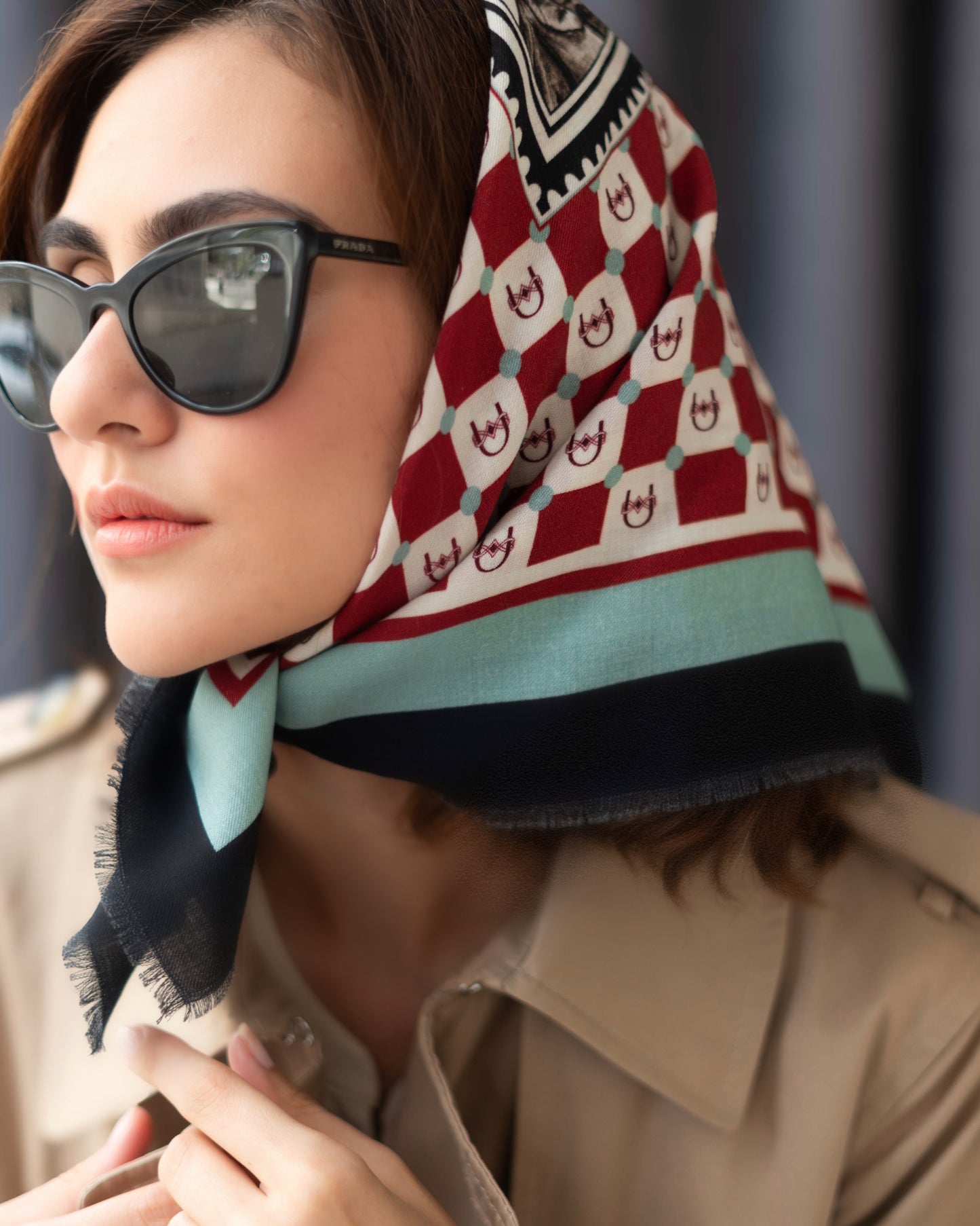 Bordo/Krem Damalı Yün Fular - Monogram Koleksiyonu