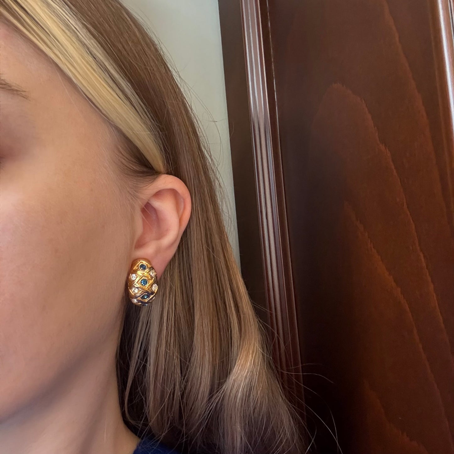 Vintage Lacivert Taşlı Örgü Küpe