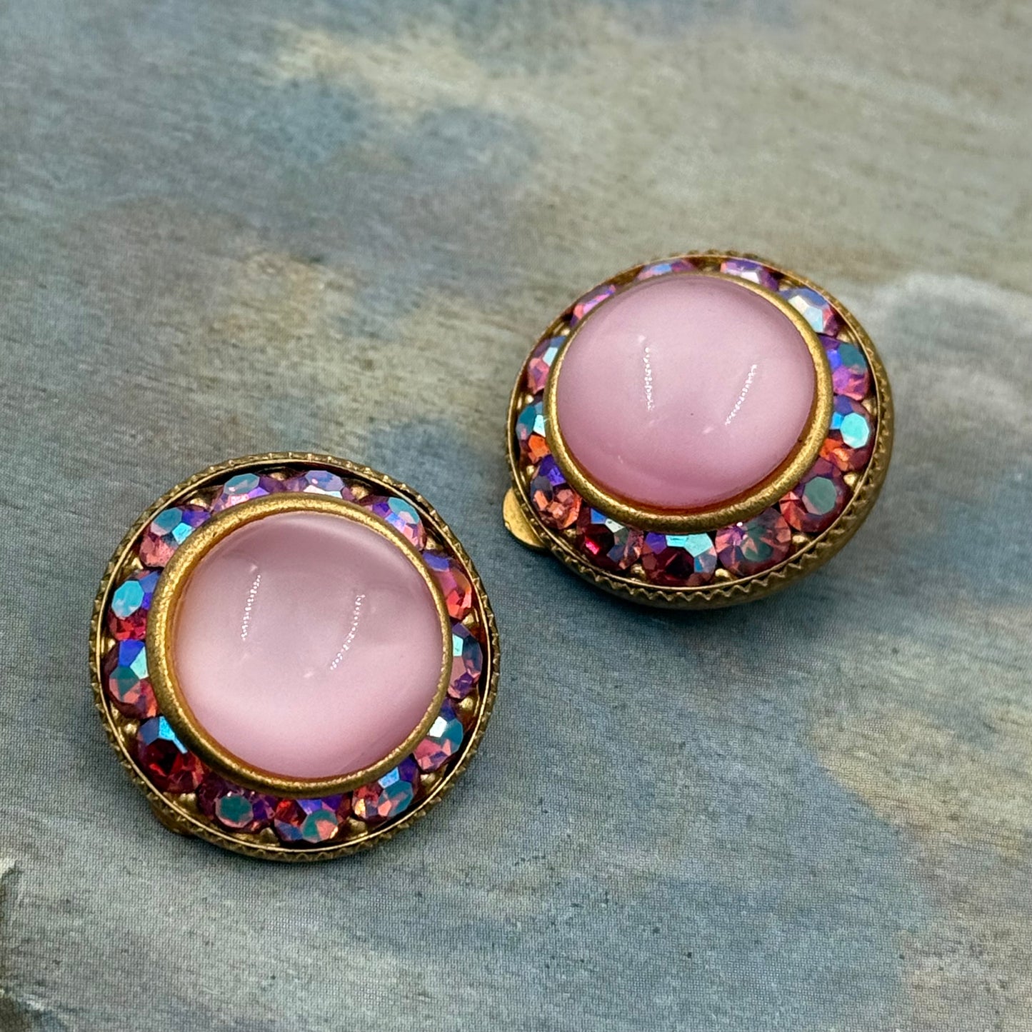 Vintage Aurora Borealis Kristali Pembe Küpe