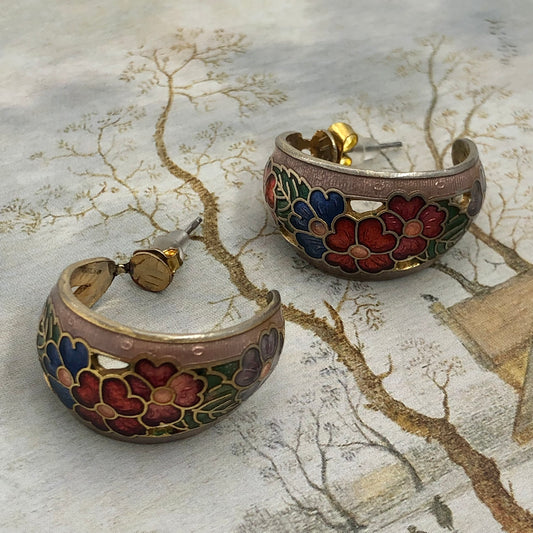 Vintage Çiçekli Cloisonne Küpe