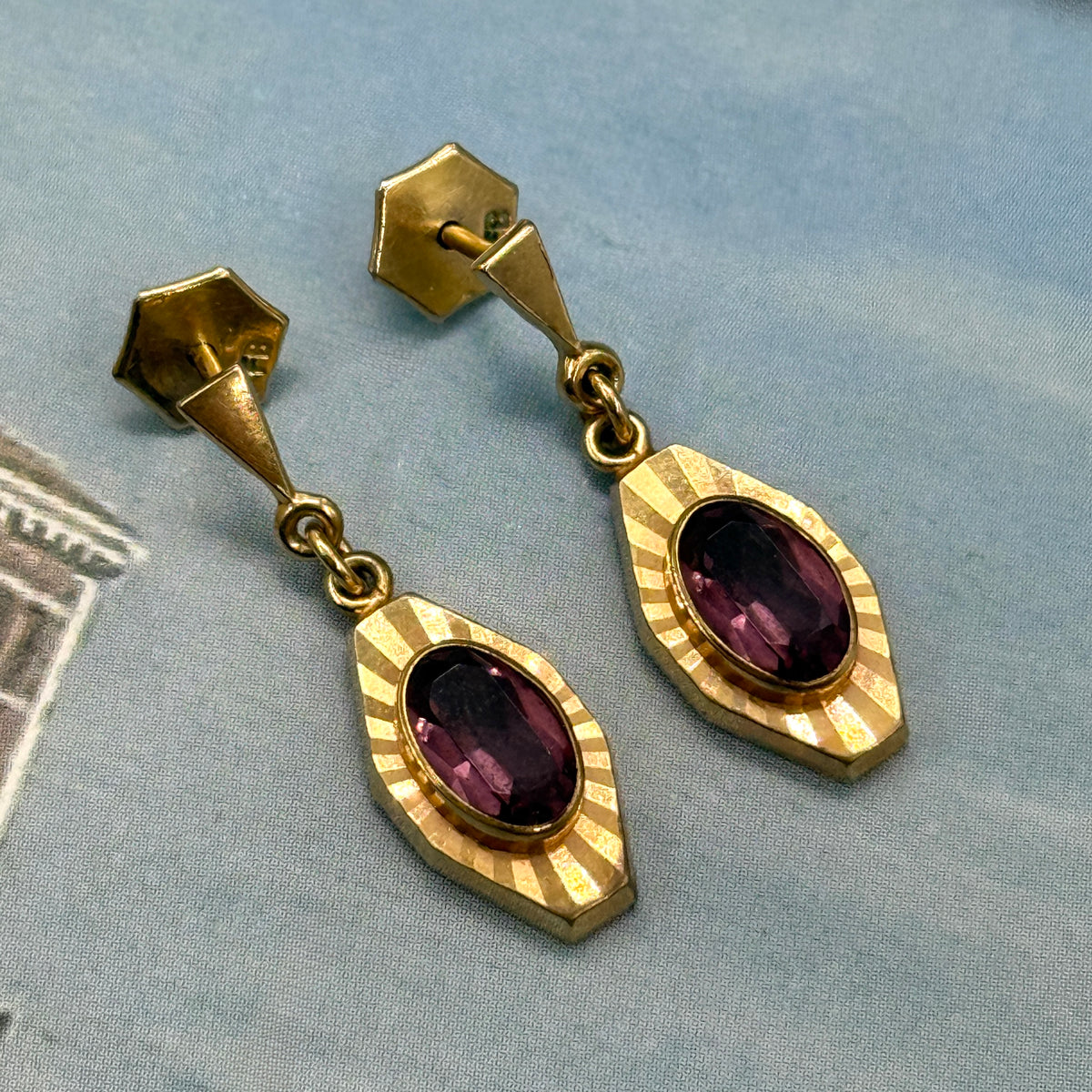 Frank Breuning Art Deco Mor Taşlı Vintage Küpe
