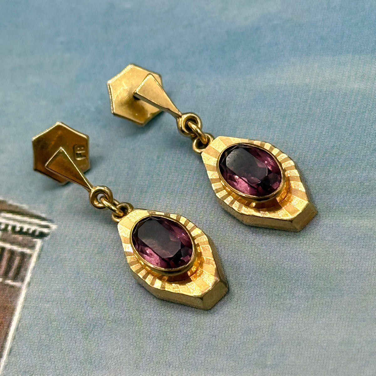 Frank Breuning Art Deco Mor Taşlı Vintage Küpe