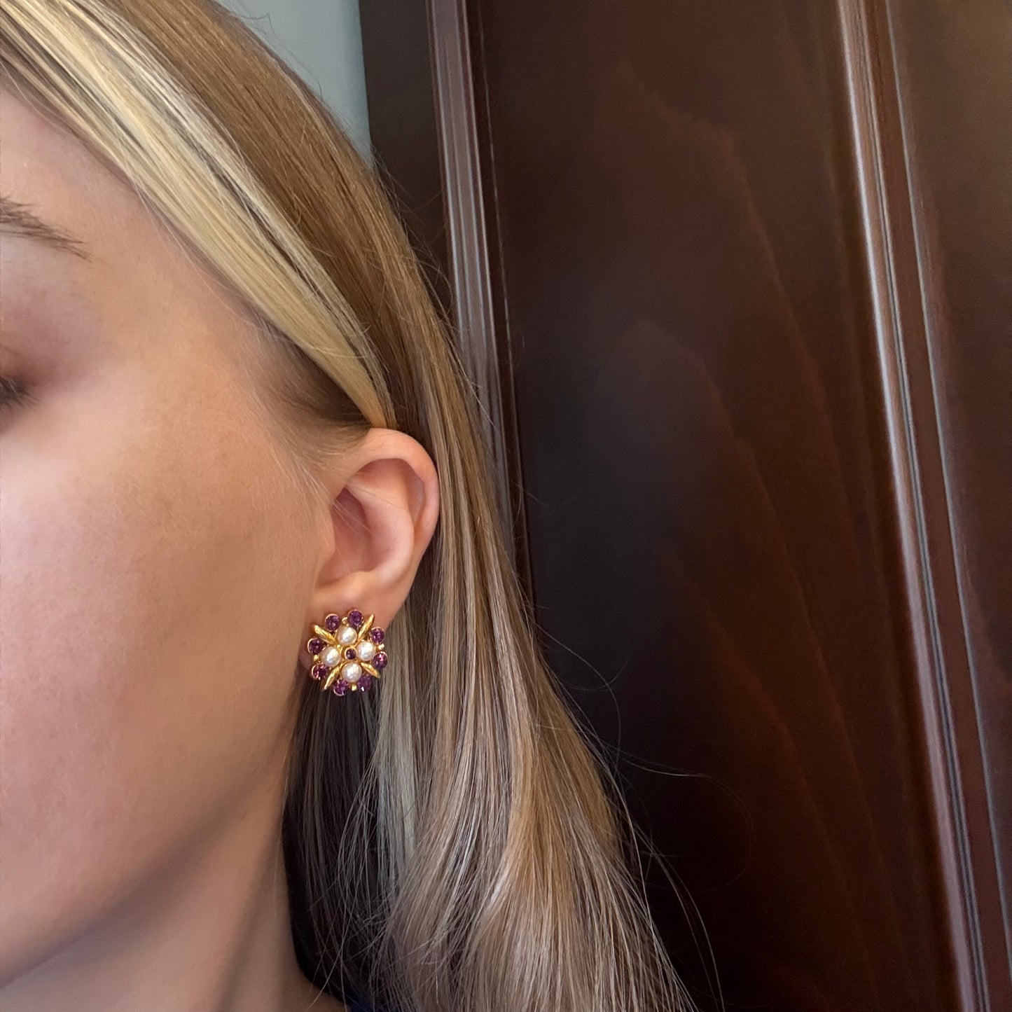 Vintage Mor Kristal Taşlı İncili Küpe