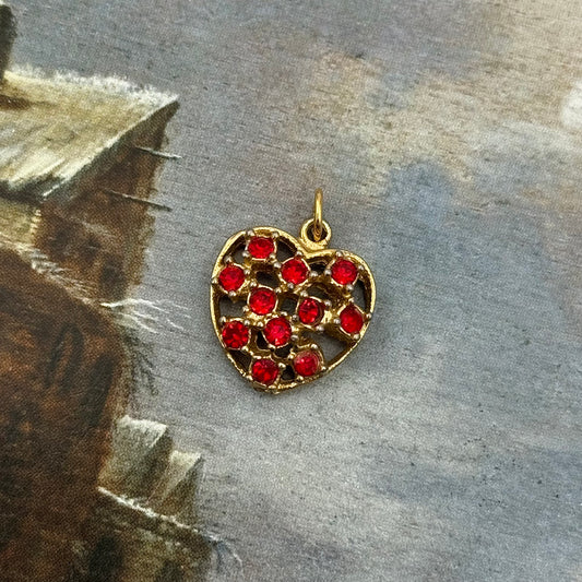 Vintage Kırmızı Taşlı Kalp Kolye Ucu Charm