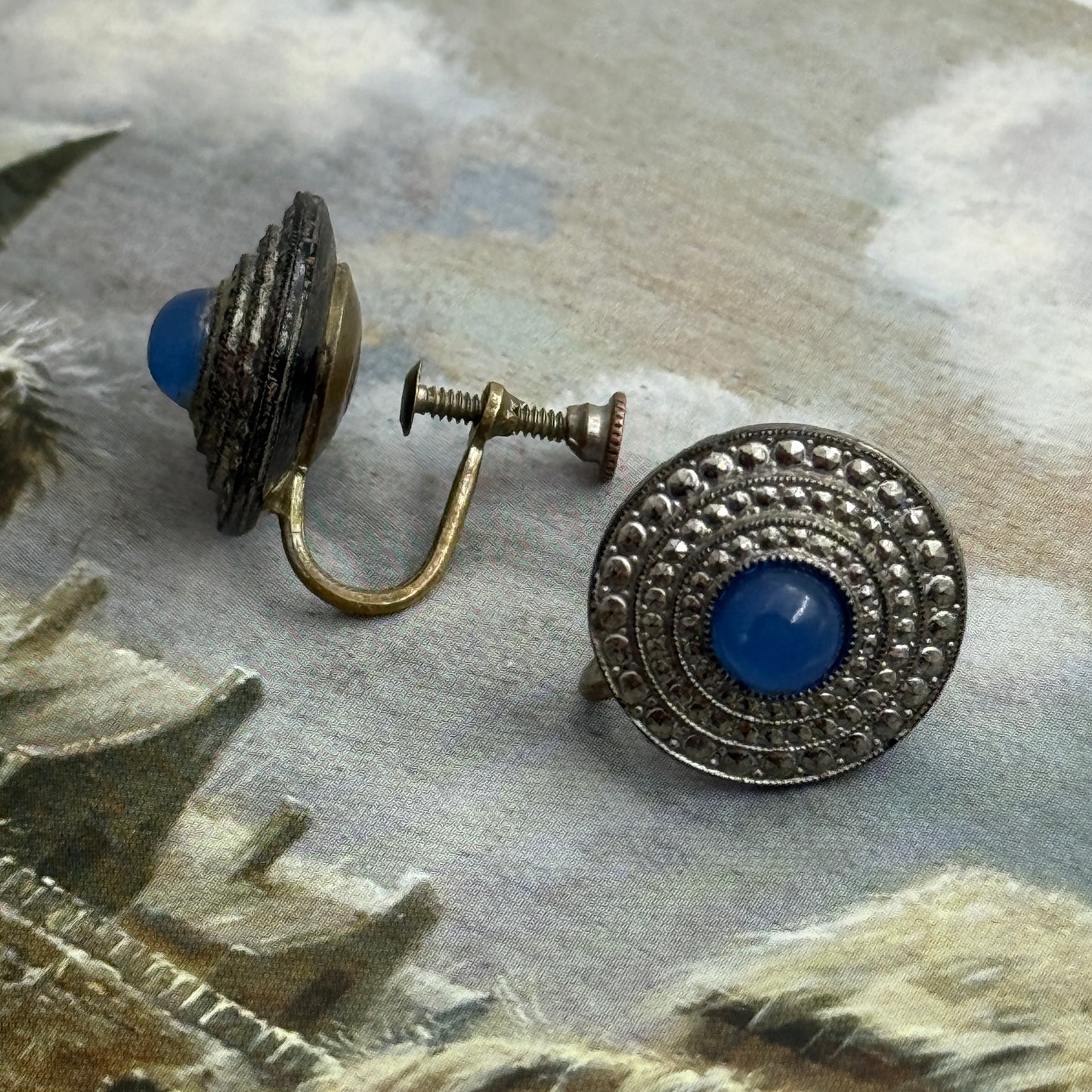 Vintage Cabochon Taşlı Küpe