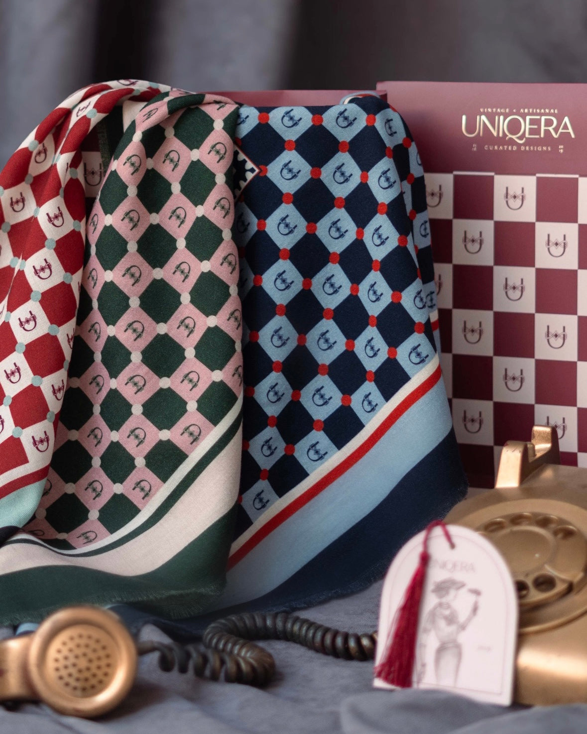Bordo/Krem Damalı İpek Fular - Monogram Koleksiyonu