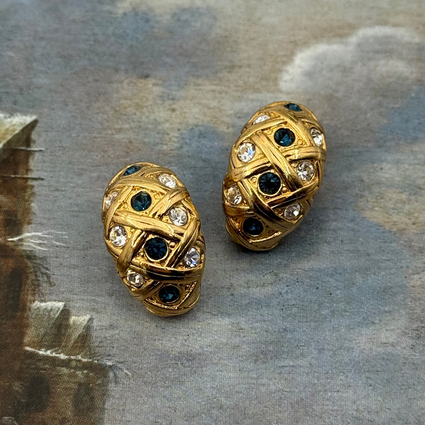 Vintage Lacivert Taşlı Örgü Küpe