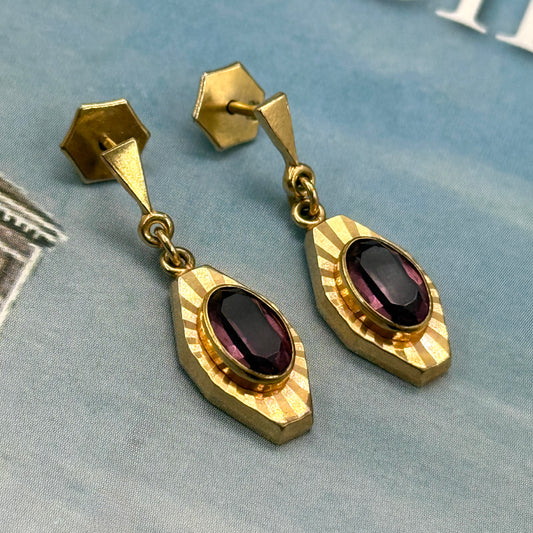 Frank Breuning Art Deco Mor Taşlı Vintage Küpe