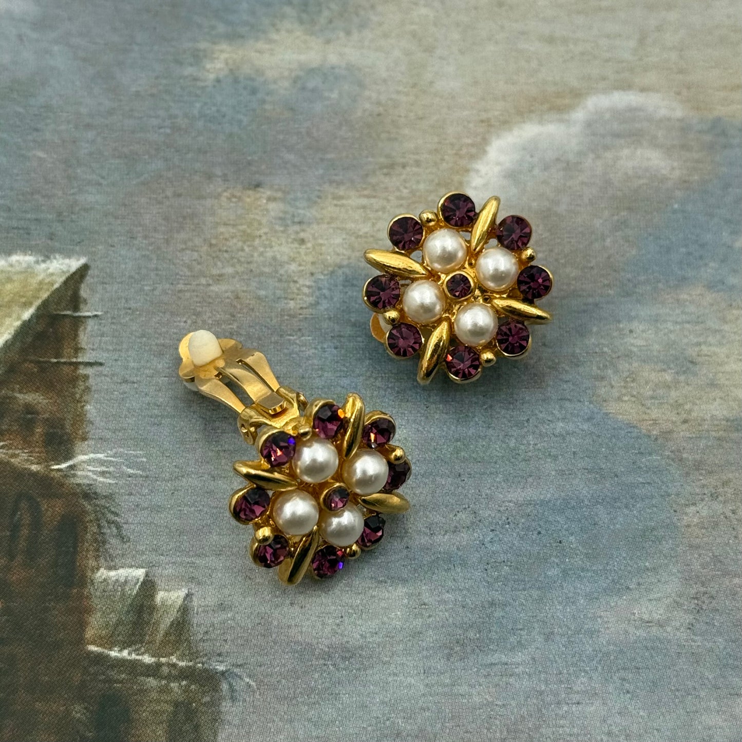 Vintage Mor Kristal Taşlı İncili Küpe