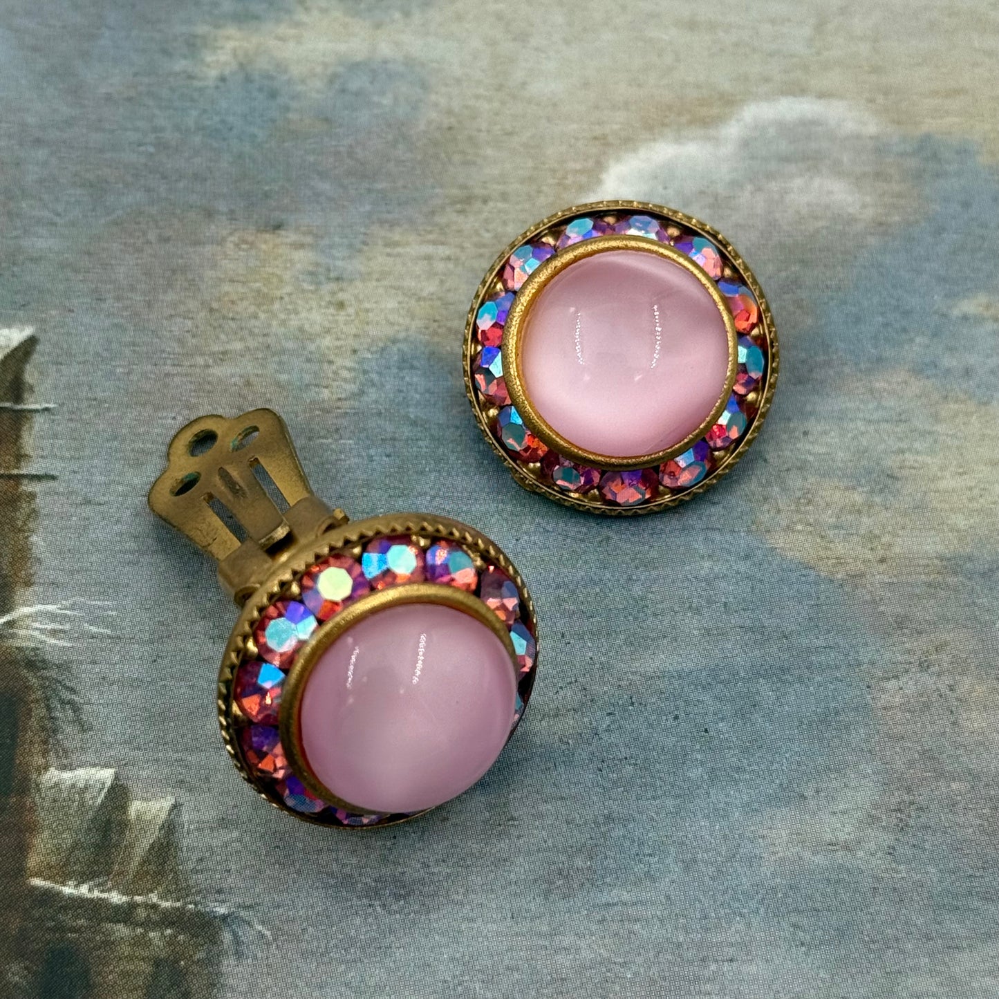 Vintage Aurora Borealis Kristali Pembe Küpe