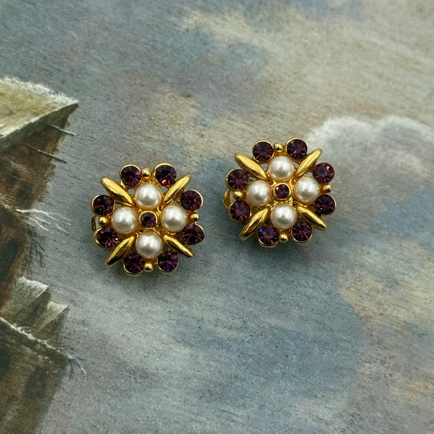 Vintage Mor Kristal Taşlı İncili Küpe