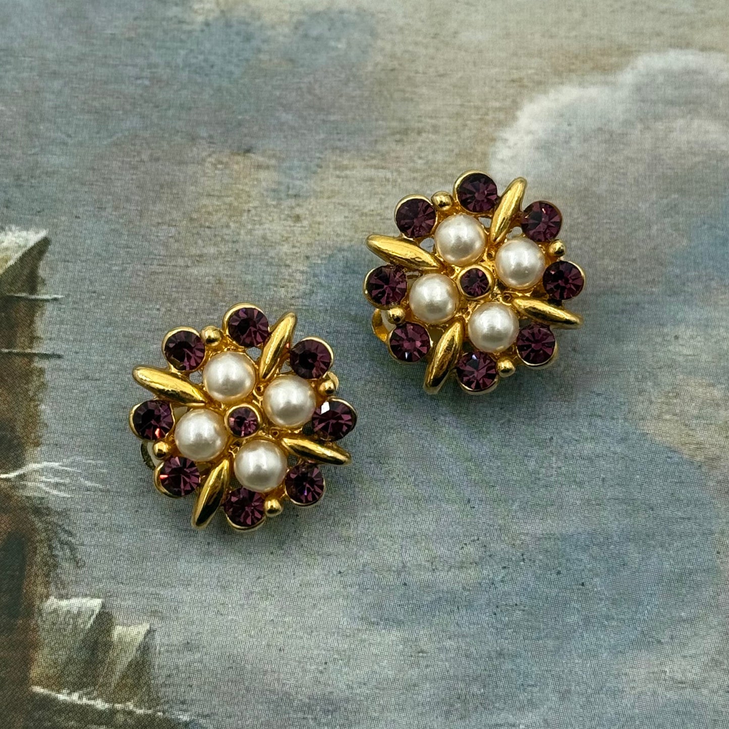 Vintage Mor Kristal Taşlı İncili Küpe