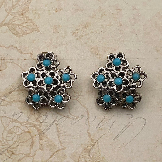 Vintage Turkuaz Taşlı Çiçek Küpe