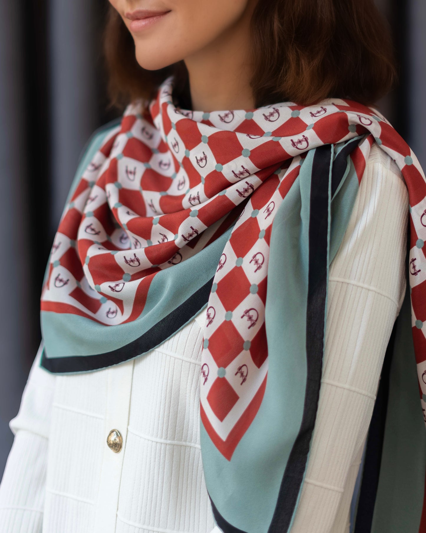 Bordo/Krem Damalı İpek Fular - Monogram Koleksiyonu