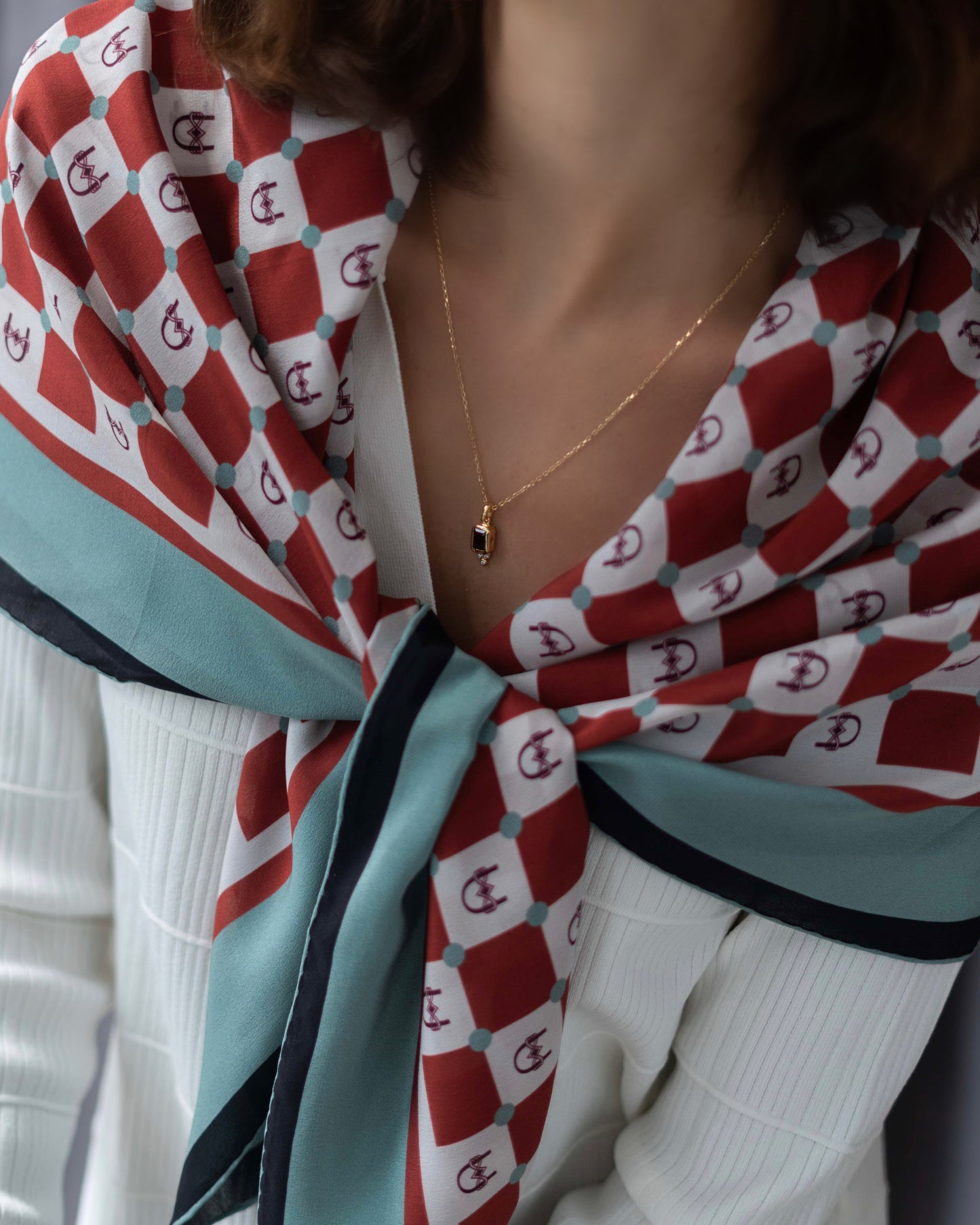 Bordo/Krem Damalı İpek Fular - Monogram Koleksiyonu