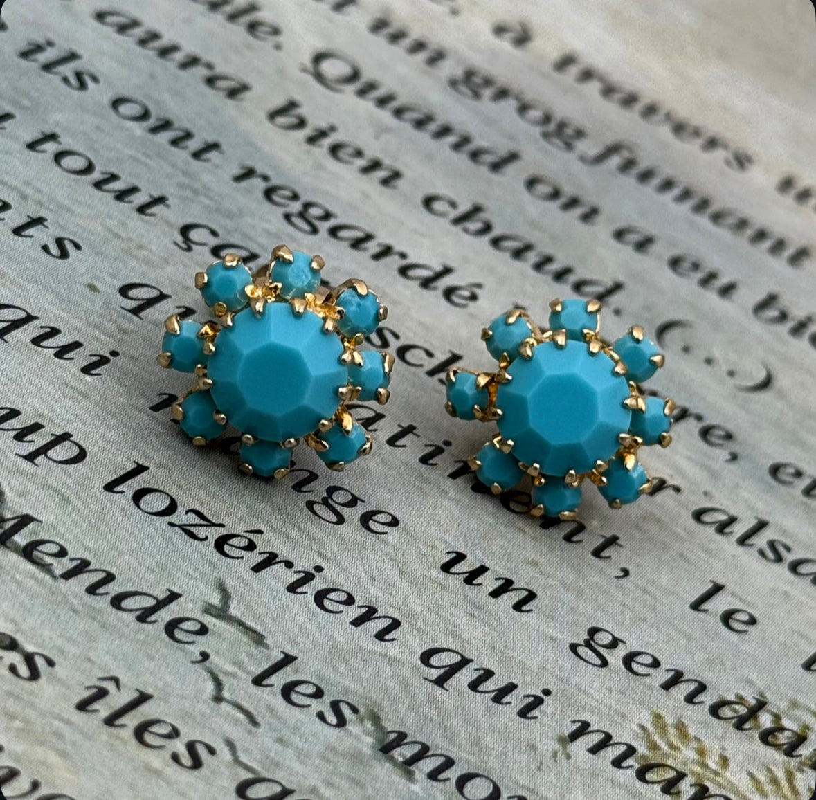 Vintage Turkuaz Opalin Çiçek Küpe