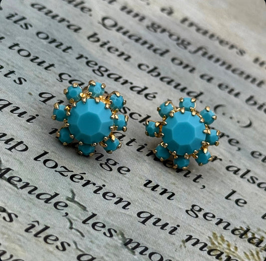 Vintage Turkuaz Opalin Çiçek Küpe