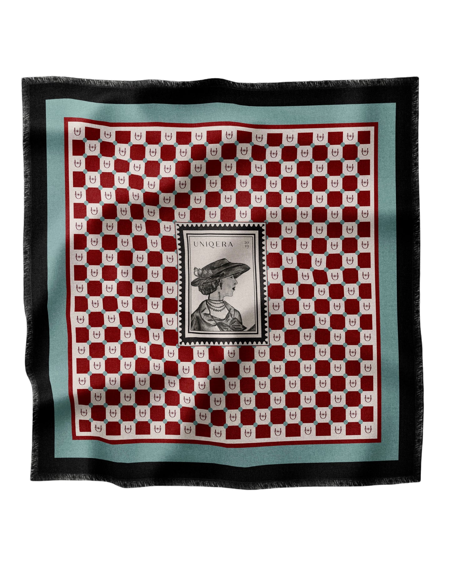 Bordo/Krem Damalı Yün Fular - Monogram Koleksiyonu