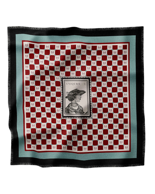 Bordo/Krem Damalı Yün Fular - Monogram Koleksiyonu