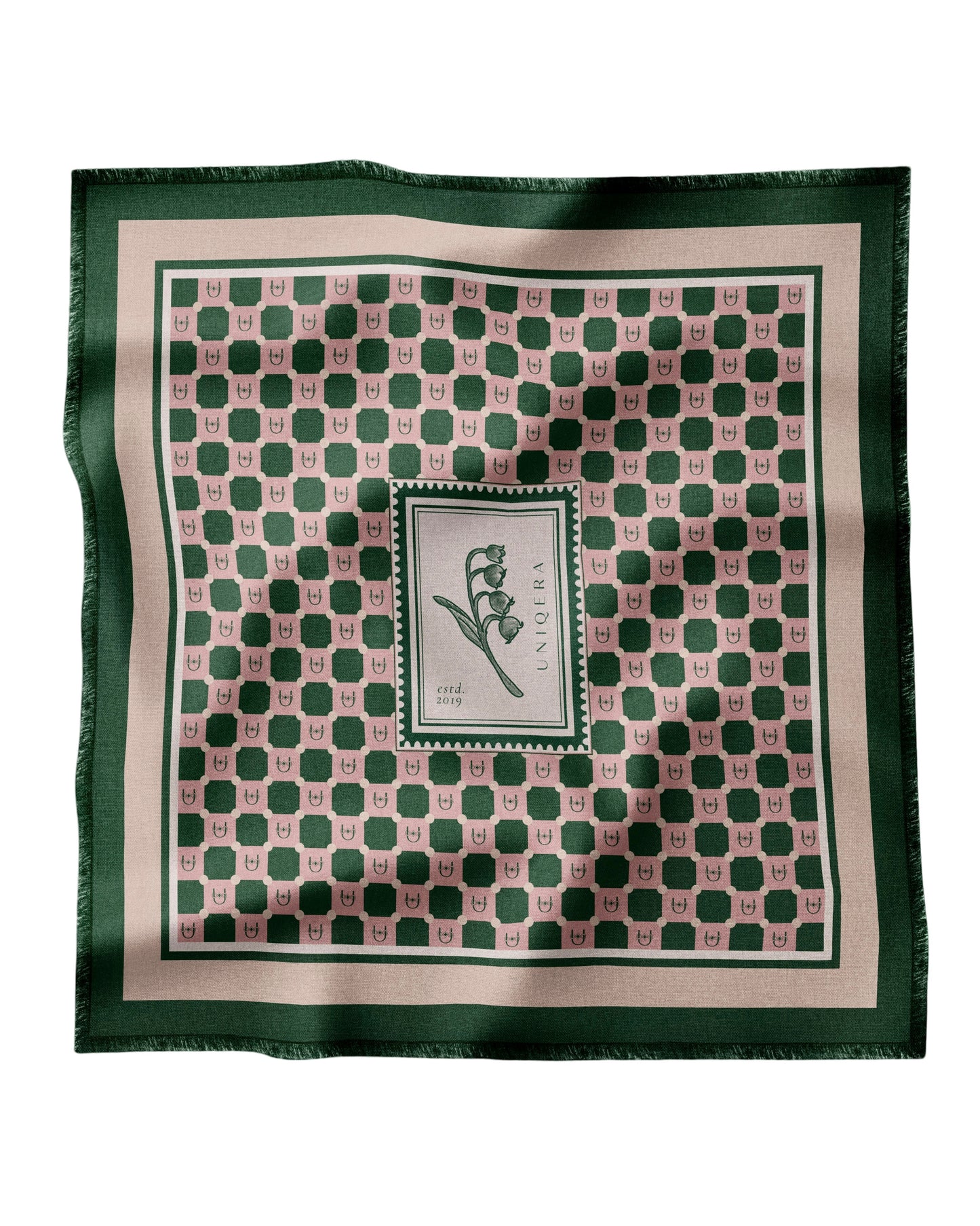 Pembe/Yeşil Damalı Yün Fular - Monogram Koleksiyonu