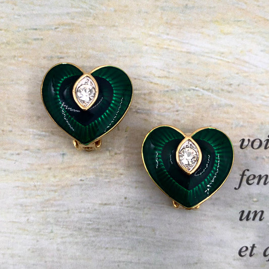 Cabochon Vintage Yeşil Mineli Kalp Küpe